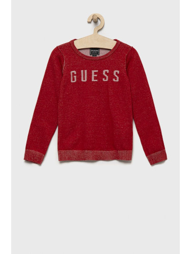 Детски памучен пуловер Guess в червено от лека материя