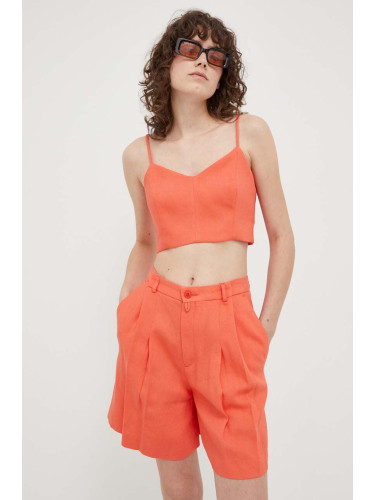 Ленен къс панталон Drykorn в оранжево с изчистен дизайн с висока талия