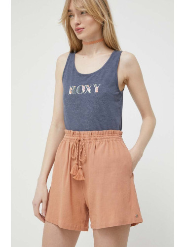 Памучен къс панталон Roxy в оранжево с изчистен дизайн с висока талия