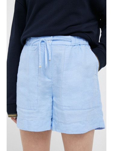 Ленен къс панталон Tommy Hilfiger в синьо с изчистен дизайн с висока талия