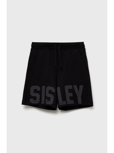 Детски памучен къс панталон Sisley в черно с регулируема талия