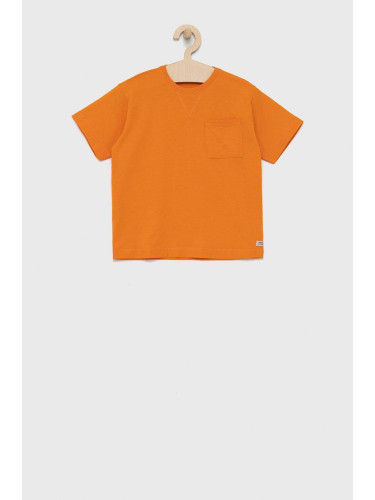 Детска памучна тениска United Colors of Benetton в оранжево с изчистен дизайн