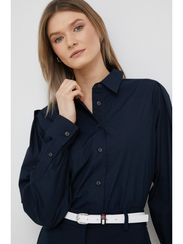 Памучна риза Tommy Hilfiger дамска в тъмносиньо със стандартна кройка с класическа яка