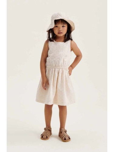Детска памучна рокля Liewood в бежово къс модел разкроен модел