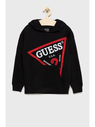 Детски памучен суичър Guess в черно с апликация