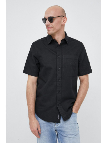 Риза с лен Calvin Klein Jeans в черно със стандартна кройка с класическа яка