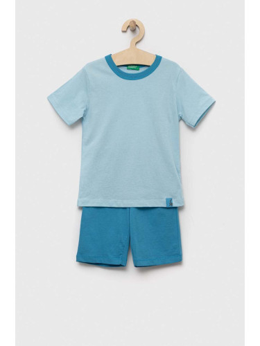 Детска памучна пижама United Colors of Benetton в синьо с изчистен дизайн