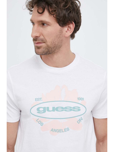 Памучна тениска Guess в бяло с принт