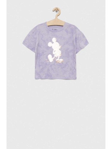 Детска памучна тениска GAP x Myszka Miki в лилаво
