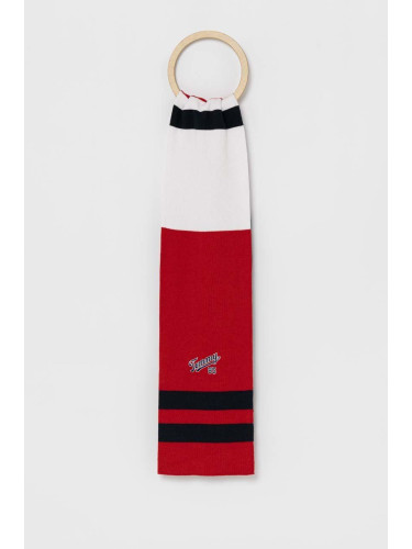 Детски памучен шал Tommy Hilfiger в червено с десен