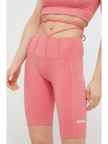 Къс панталон Guess в розово с изчистен дизайн с висока талия