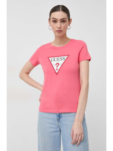 Памучна тениска Guess в розово