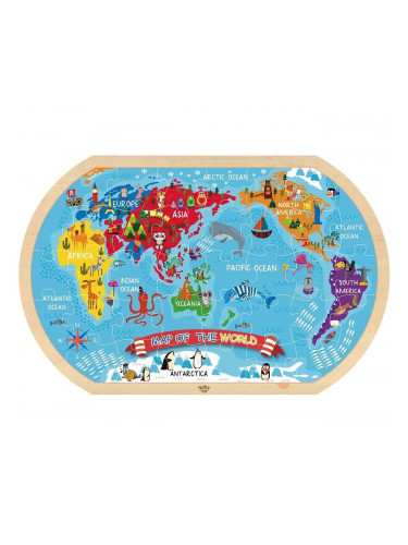 Детски дървен образователен пъзел с подложка - Карта на света