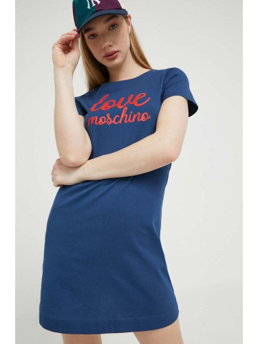 Памучна рокля Love Moschino в синьо къс модел със стандартна кройка