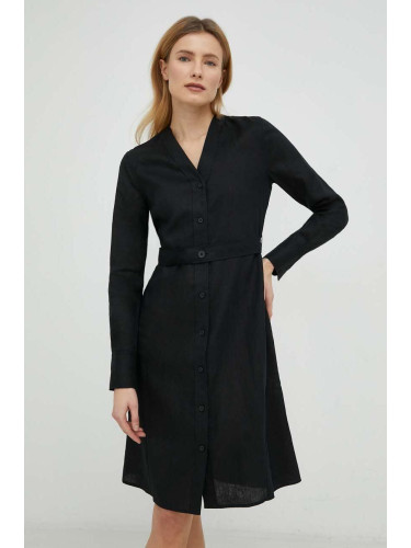 Ленена рокля Calvin Klein в черно къс модел със стандартна кройка