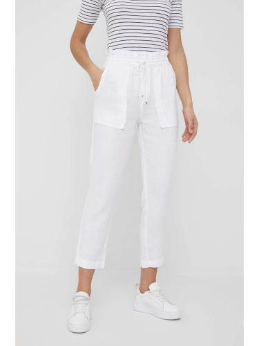 Ленен панталон Lauren Ralph Lauren в бяло с широка каройка, с висока талия