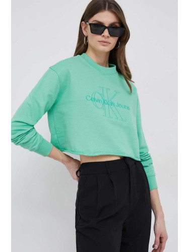 Памучен суичър Calvin Klein Jeans в зелено с апликация