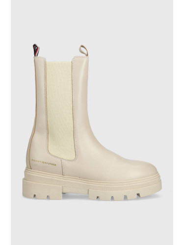 Кожени боти челси Tommy Hilfiger Monochromatic Chelsea Boot в бежово с платформа