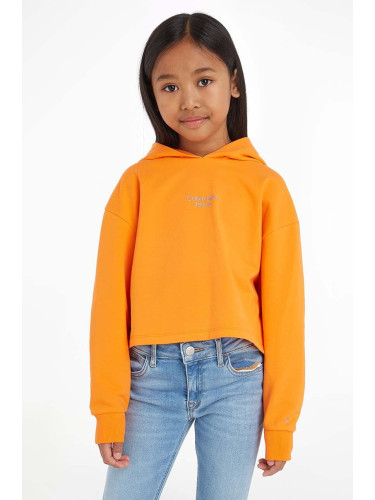 Детски суичър Calvin Klein Jeans в оранжево с качулка с принт
