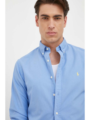 Памучна риза Polo Ralph Lauren мъжка с кройка по тялото яка копче 710804257015