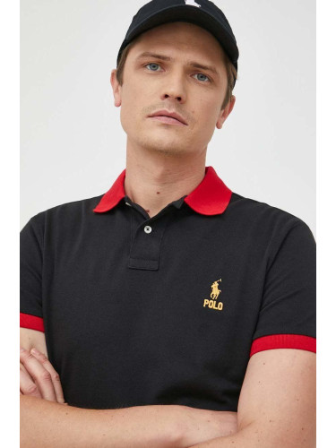 Памучна тениска с яка Polo Ralph Lauren в черно с изчистен дизайн