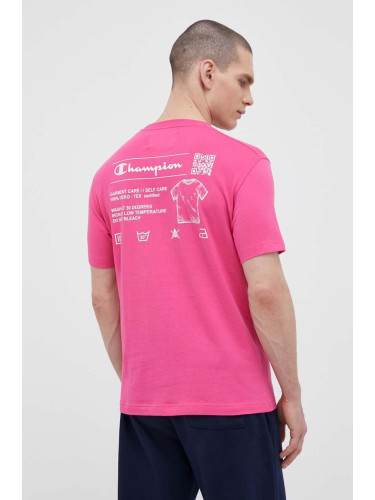 Памучна тениска Champion в розово с изчистен дизайн