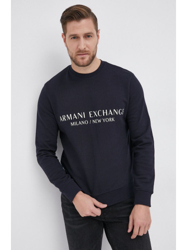 Памучен суичър Armani Exchange мъжки в тъмносиньо с принт 8NZM88 ZJKRZ NOS