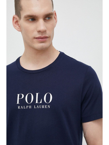 Памучно горнище на пижама с къси ръкави Polo Ralph Lauren в тъмносиньо с принт 714899613