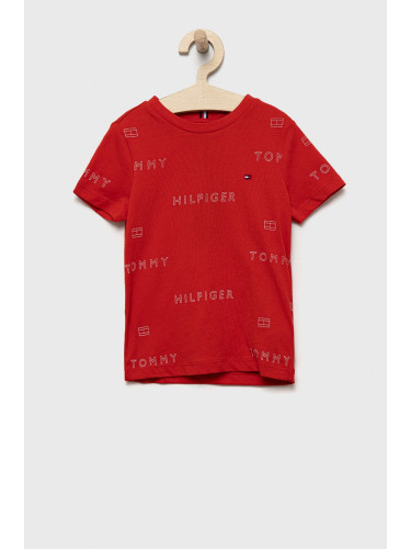 Детска памучна тениска Tommy Hilfiger в червено с десен