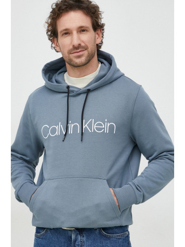 Памучен суичър Calvin Klein в синьо с качулка с принт