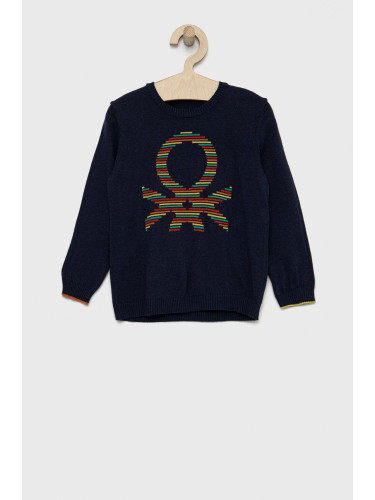 Детски пуловер с вълна United Colors of Benetton в тъмносиньо от лека материя