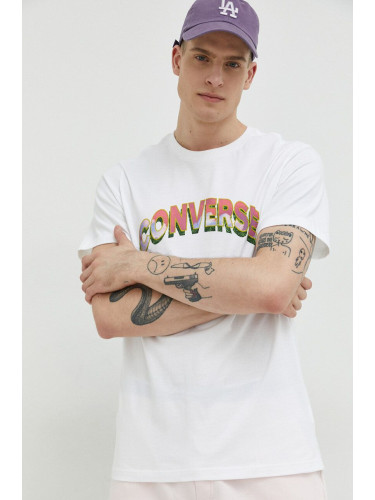 Памучна тениска Converse в бяло с принт