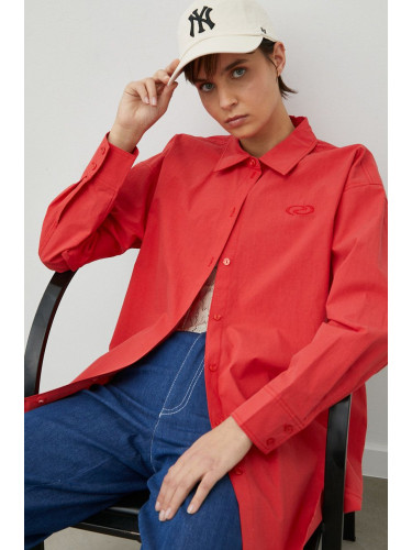 Памучна риза Résumé дамска в червено със свободна кройка с класическа яка