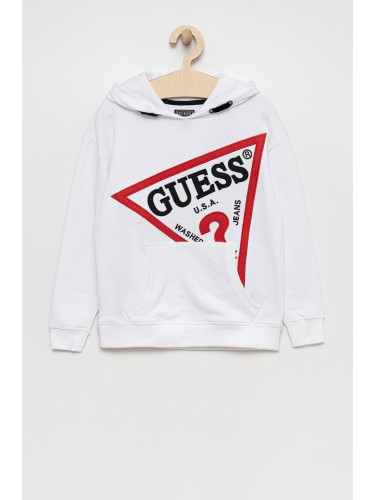 Детски памучен суичър Guess в бяло с апликация