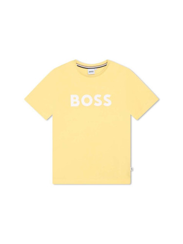Детска памучна тениска BOSS в жълто с принт