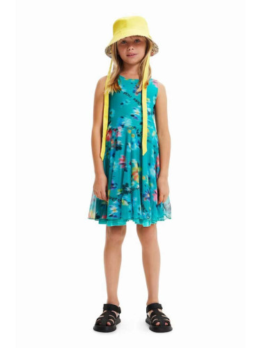 Детска памучна рокля Desigual в тюркоазено къс модел разкроен модел