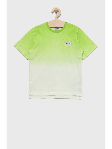 Детска памучна тениска Fila в зелено с десен