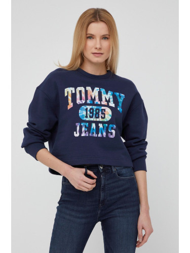 Памучен суичър Tommy Jeans дамски в тъмносиньо с принт