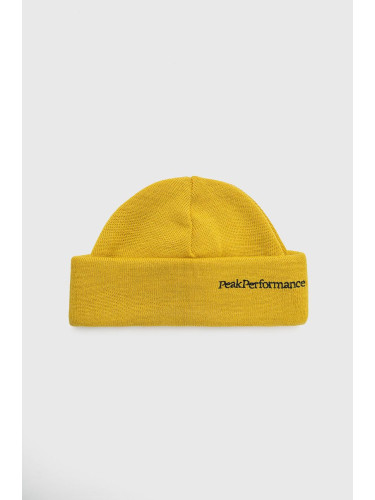 Вълнена шапка Peak Performance в жълто с фина плетка от вълна