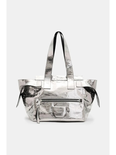 Кожена чанта AllSaints PEREZ SHOULDER в сребристо W392XB