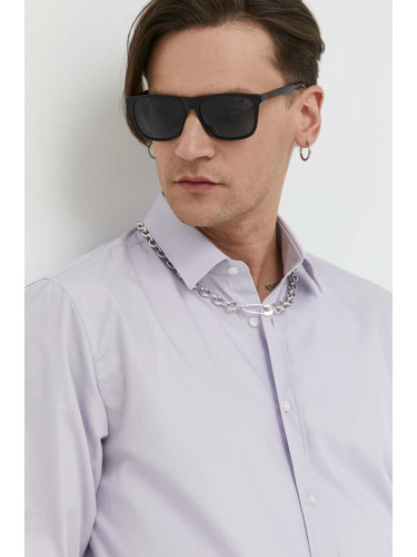 Памучна риза HUGO мъжка в лилаво с кройка по тялото с класическа яка