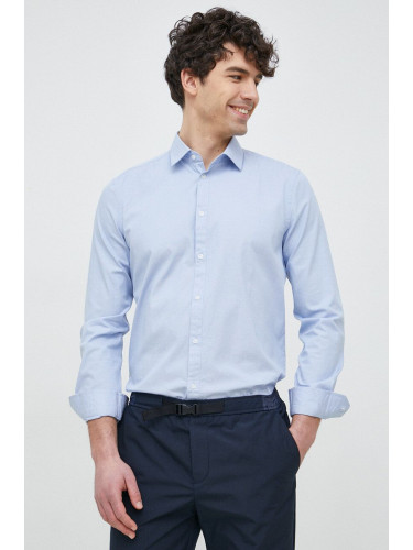 Памучна риза Sisley мъжка в синьо с кройка по тялото с класическа яка