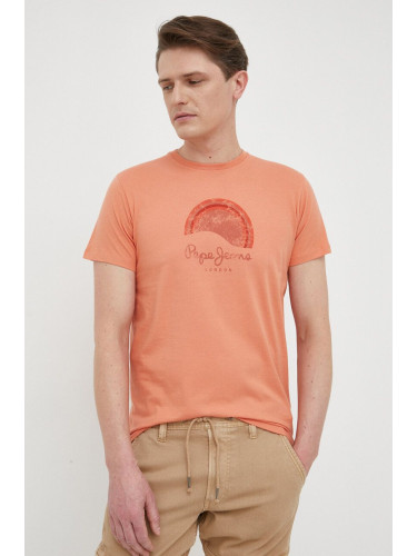 Памучна тениска Pepe Jeans Richmond в оранжево с принт