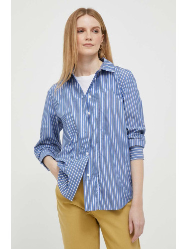 Памучна риза Tommy Hilfiger дамска в синьо със свободна кройка с класическа яка