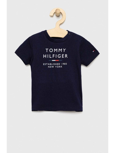Детска памучна тениска Tommy Hilfiger в тъмносиньо с принт