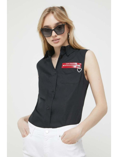Риза Love Moschino дамска в черно със стандартна кройка с класическа яка