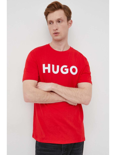 Памучна тениска HUGO в червено с принт 50467556