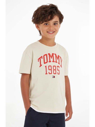 Детска памучна тениска Tommy Hilfiger в бежово с принт