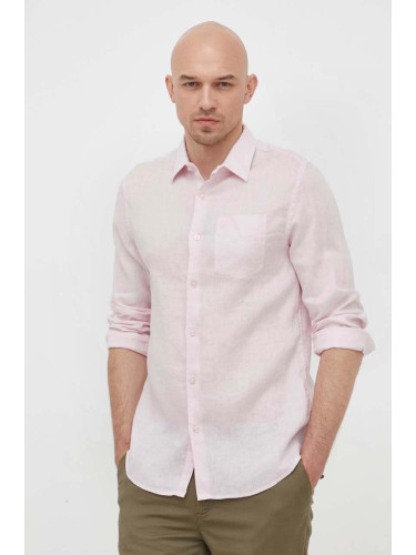 Ленена риза Guess в розово със стандартна кройка с класическа яка