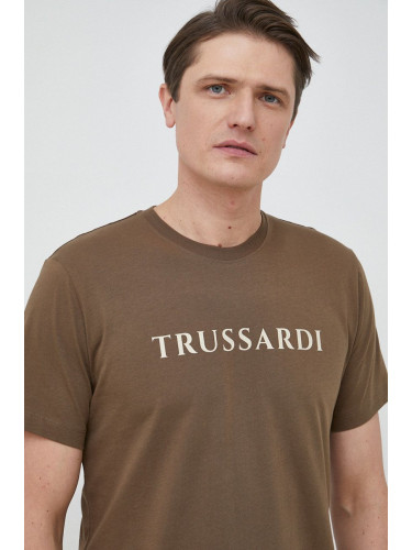 Памучна тениска Trussardi в зелено с принт